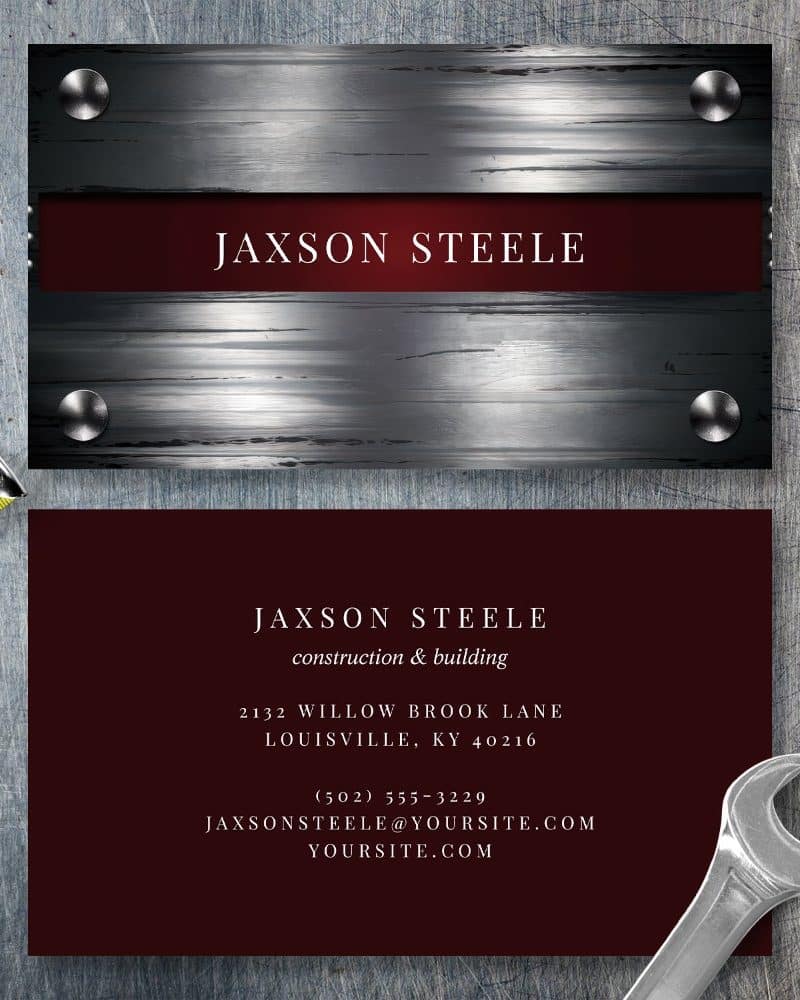 Business card for Jaxson Steele construction and building. The card features a metallic design.