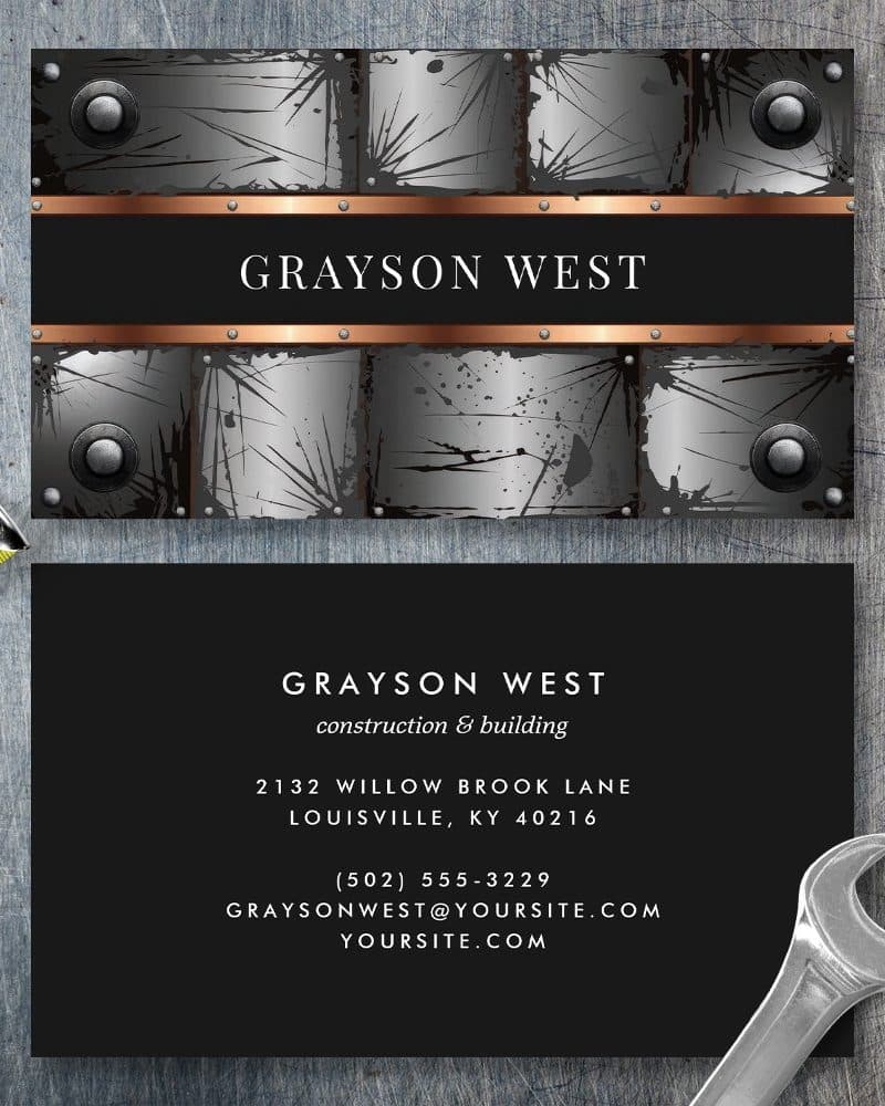 Grayson West construction business card with a metallic design.