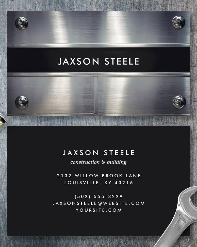 Two business cards for Jaxson Steele construction and building. The top card features a brushed metal design; the bottom card is black with white text.