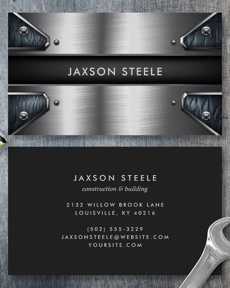 Jaxson Steele business card with brushed metal design.