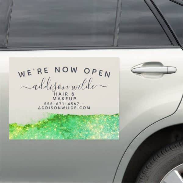 Car Magnet Announcing The Grand Opening Of Addison Wilde Hair &Amp; Makeup, Including Contact Information.