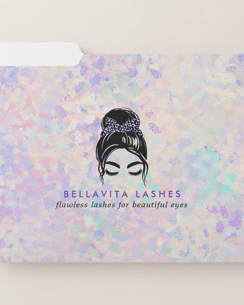 File folder featuring a pastel background and a logo of a woman's face with a messy bun, eyes closed. The text Bella Vita Lashes is below.