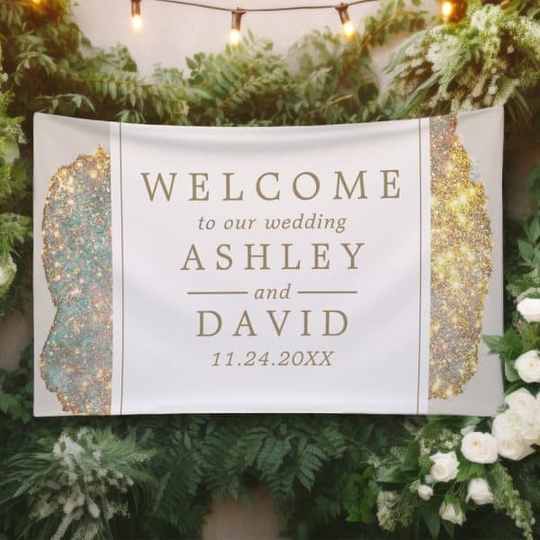 Wedding Welcome Sign For Ashley And David, November 24, 20Xx. The Sign Features Gold And Teal Glitter Accents.