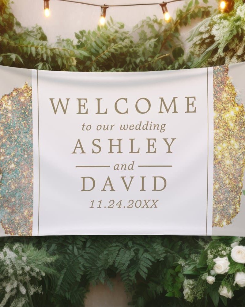 Wedding welcome sign for Ashley and David, November 24, 20XX. The sign features gold and teal glitter accents.