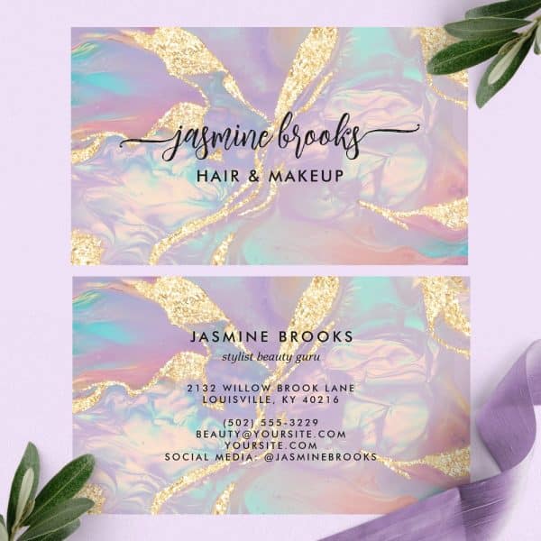 Two Business Cards For Jasmine Brooks, Hair And Makeup Stylist, Featuring A Pastel Marble Design With Gold Glitter Accents.
