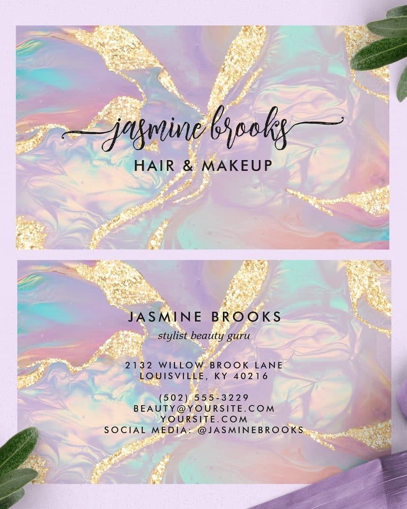 Two business cards for Jasmine Brooks, hair and makeup stylist, featuring a pastel marble design with gold glitter accents.