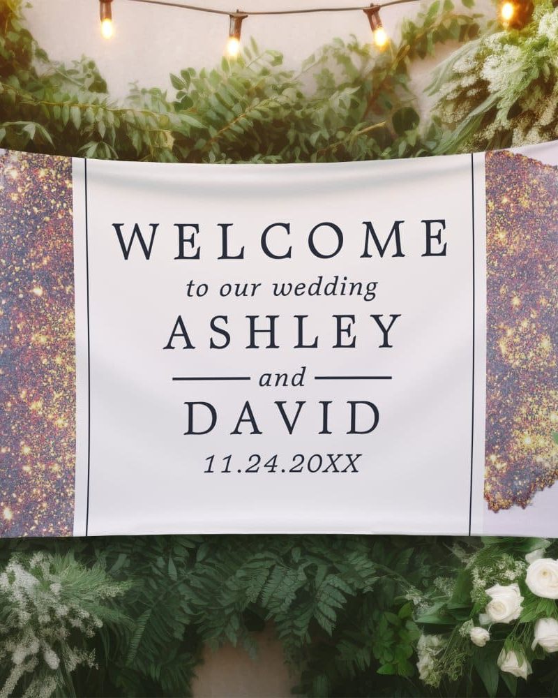 Iridescent Purple Glitter Wedding Welcome Banner