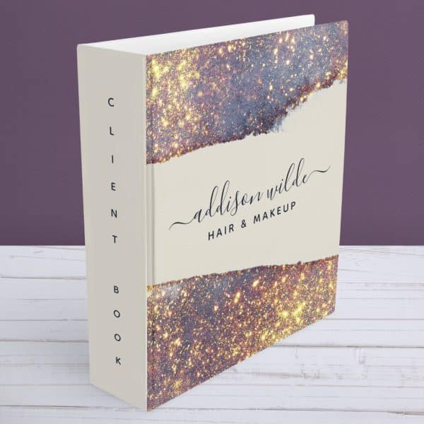 Client Book With Gold Glitter Design And Addison Wilde Hair &Amp; Makeup Written On The Cover.