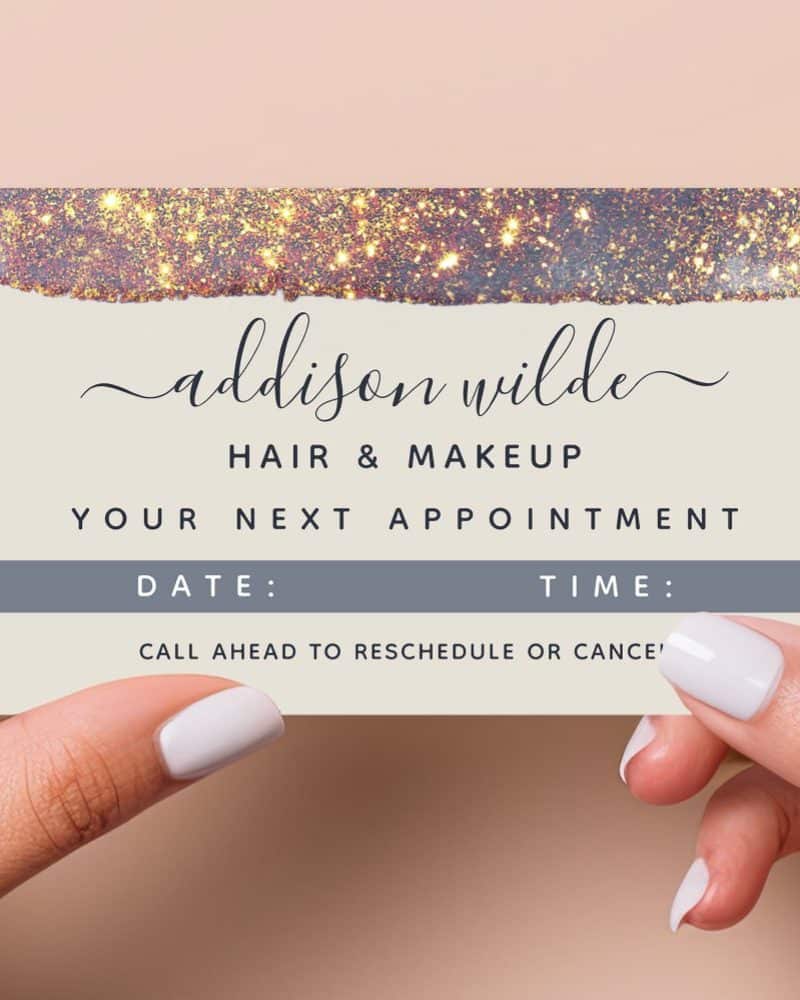 Appointment reminder card for Addison Wilde Hair & Makeup, featuring a sparkly gold and bronze design.