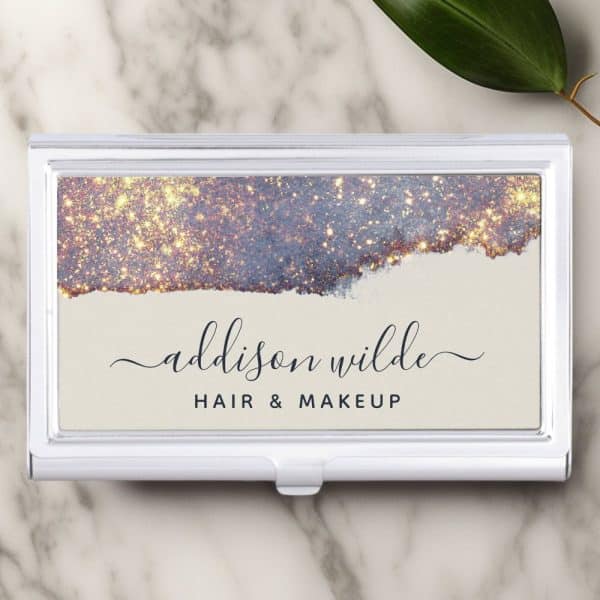 Silver Business Card Holder With A Design Featuring A Gold And Purple Glitter Watercolor Wash And The Name Addison Wilde, Hair &Amp; Makeup.