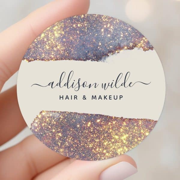 Round Hair And Makeup Business Card With Gold Glitter Design And Addison Wilde'S Name.