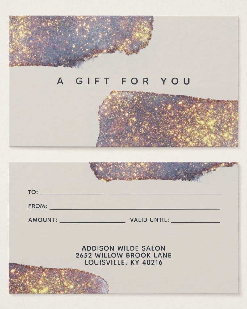 Gift certificate with gold glitter design.