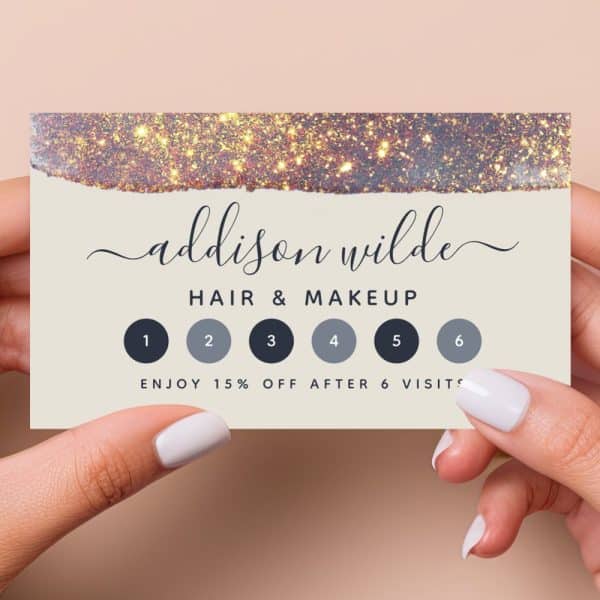 A Six-Visit Loyalty Card For Addison Wilde Hair &Amp; Makeup. The Card Features A Gold Glitter Design.