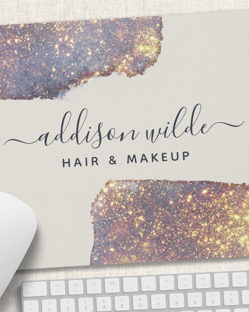 Mousepad with gold glitter design and Addison Wilde Hair & Makeup text.