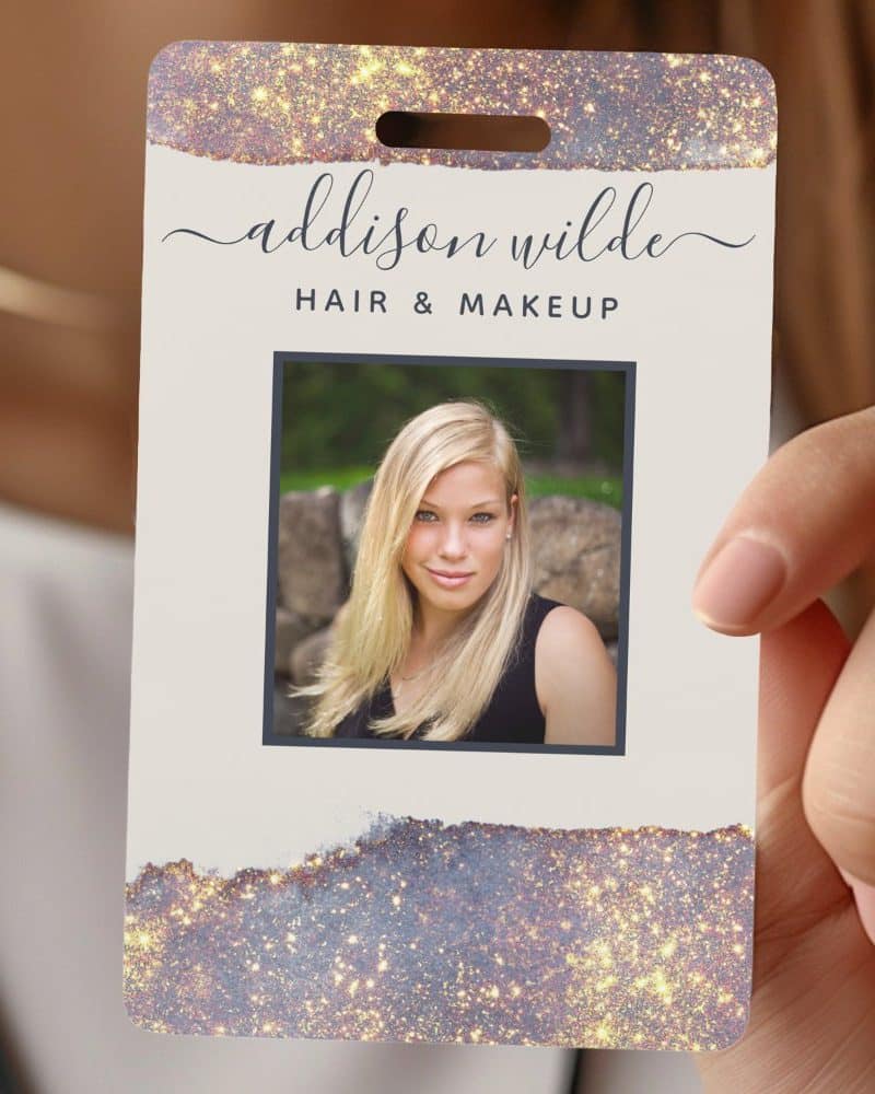 A glitter-textured ID card with Addison Wilde, Hair & Makeup, and a headshot of a blonde woman.