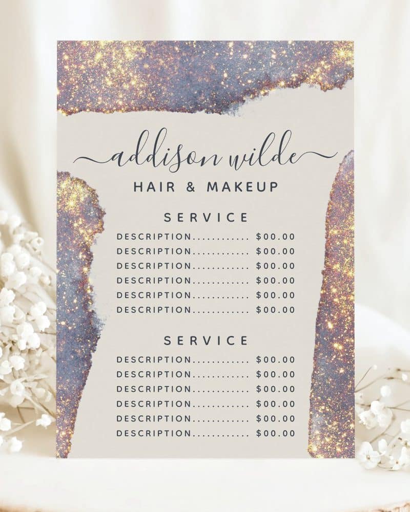 Addison Wilde hair and makeup service price list with sparkly background.