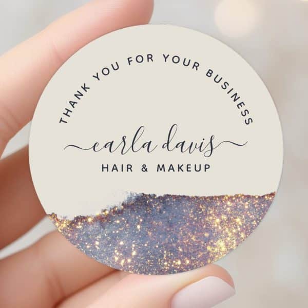 Round Thank You Business Card For Carla Davis Hair &Amp; Makeup, Featuring A Sparkly, Glittery Design.