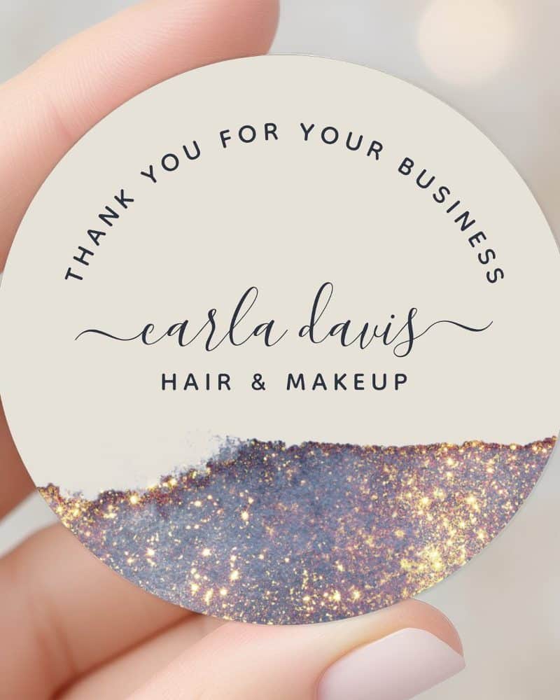 Round thank you business card for Carla Davis Hair & Makeup, featuring a sparkly, glittery design.