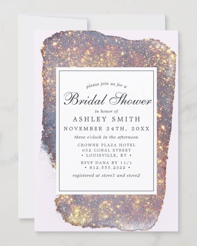 Bridal shower invitation for Ashley Smith, featuring a sparkly watercolor design.