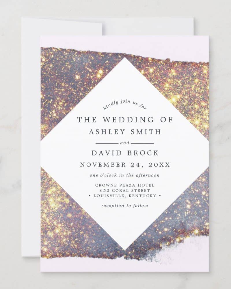 Wedding invitation for Ashley Smith and David Brock, November 24th. A sparkly galaxy-like design is featured on the invitation.