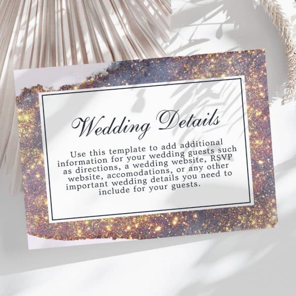 Wedding Details Template With Sparkly Bronze And Purple Background.