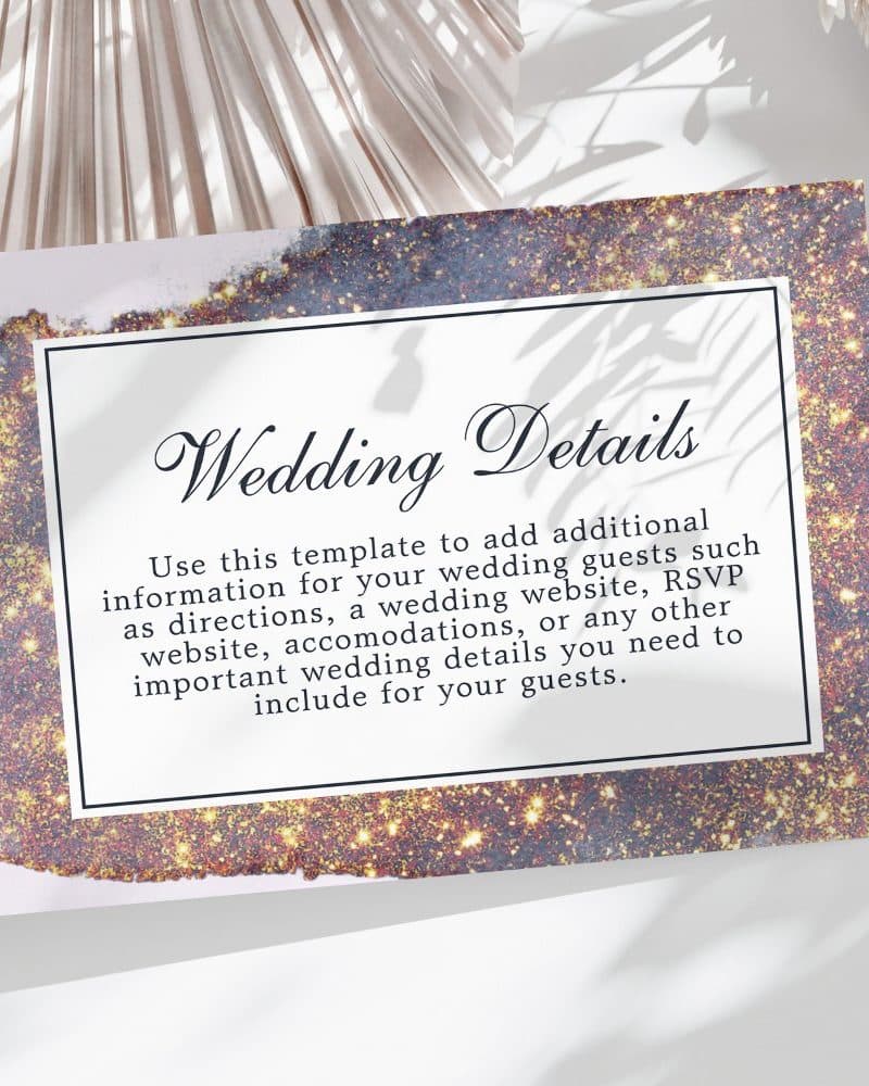 Wedding details template with sparkly bronze and purple background.