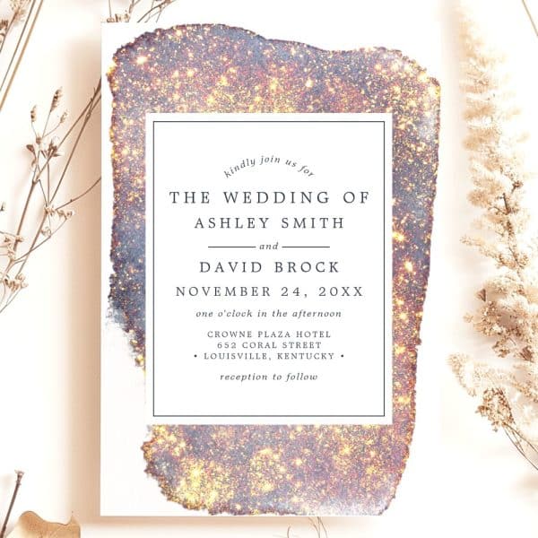 Wedding Invitation With Sparkly, Textured Background; Ashley Smith And David Brock'S Wedding Details Are Printed On The Card.