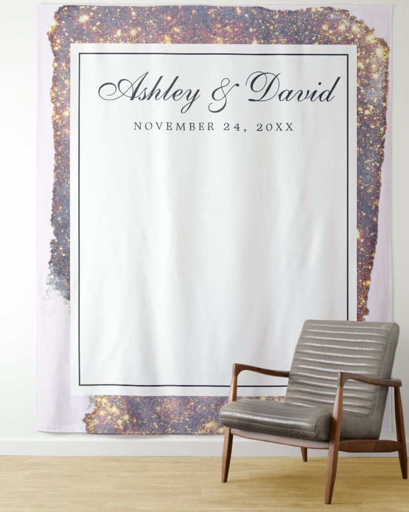 Wedding guest book tapestry with Ashley & David's names and wedding date.