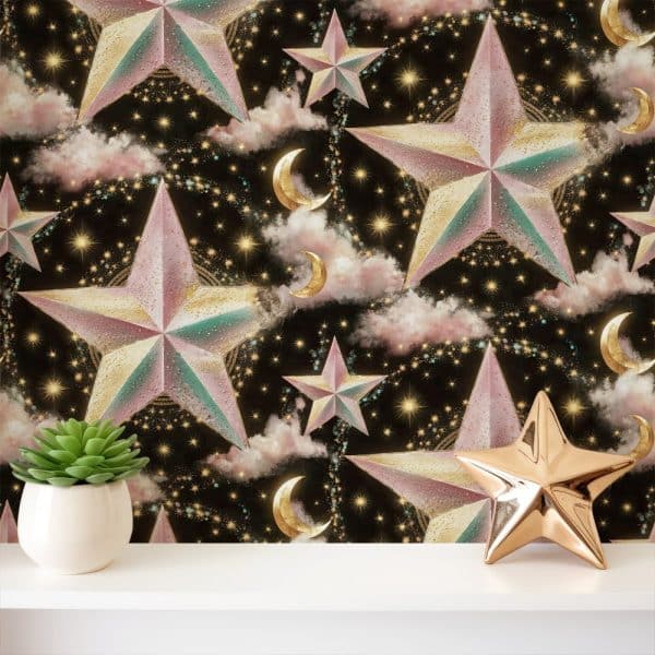 A Shelf Displays A Rose Gold Star Ornament In Front Of A Dark Background Wallpaper Featuring A Repeating Pattern Of Large, Pastel Stars, Crescent Moons, And Clouds.