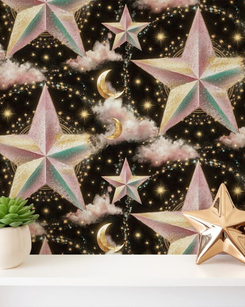 A shelf displays a rose gold star ornament in front of a dark background wallpaper featuring a repeating pattern of large, pastel stars, crescent moons, and clouds.