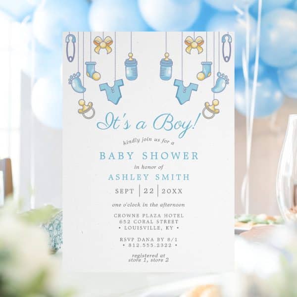 Baby Shower Invitation For Ashley Smith, Featuring Blue Baby-Themed Icons.