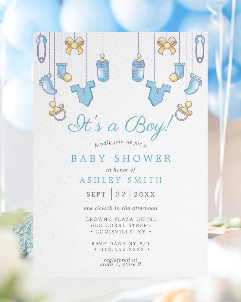 Baby shower invitation for Ashley Smith, featuring blue baby-themed icons.