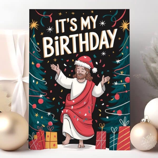 Jesus In A Santa Hat Joyfully Celebrates His Birthday Amidst Confetti And Christmas Trees.