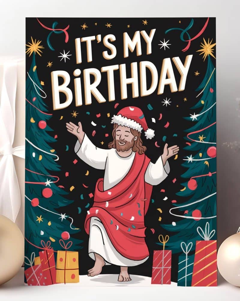 Jesus in a Santa hat joyfully celebrates his birthday amidst confetti and Christmas trees.