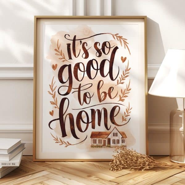 Framed Print With The Text It'S So Good To Be Home, And A Small Illustration Of A House.