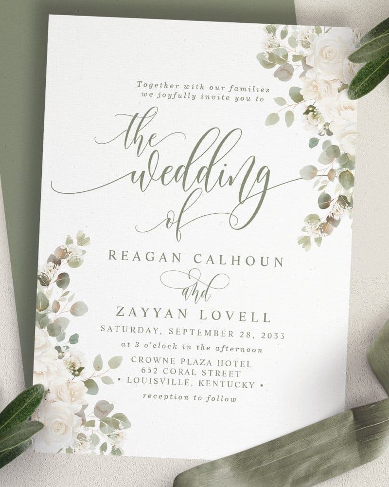 Wedding invitation for Reagan Calhoun and Zayyan Lovell, with floral border.