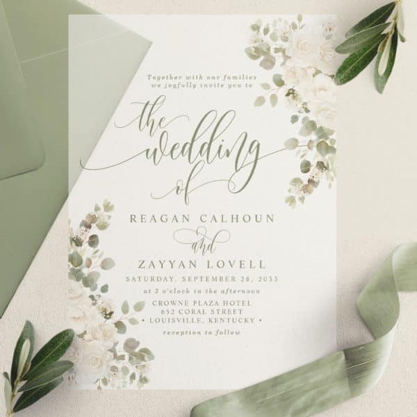Wedding Invitation For Reagan Calhoun And Zayyan Lovell, September 28, 2033, At The Crowne Plaza Hotel In Louisville, Kentucky. Floral Design.