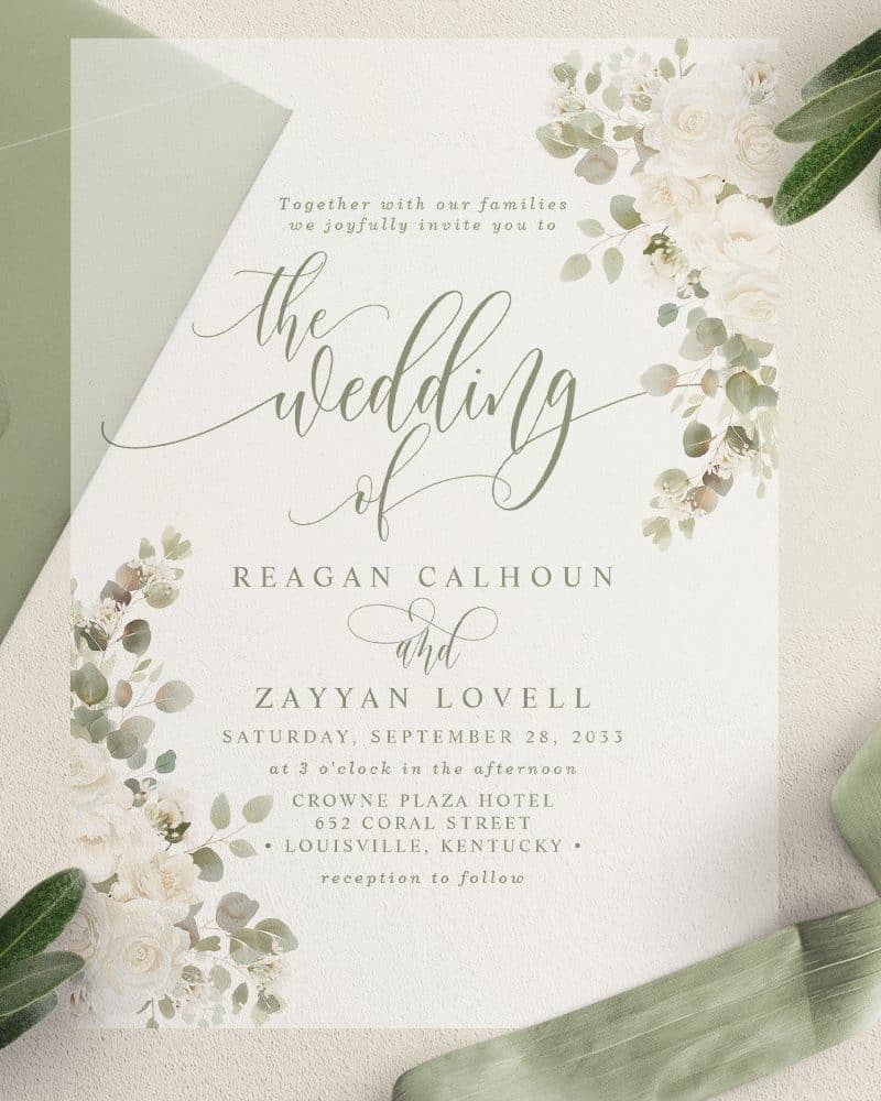 Wedding invitation for Reagan Calhoun and Zayyan Lovell, September 28, 2033, at the Crowne Plaza Hotel in Louisville, Kentucky. Floral design.