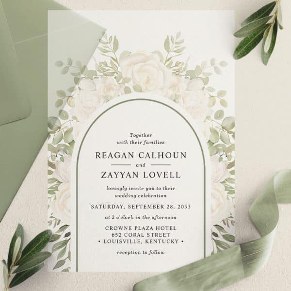 Wedding Invitation With Watercolor Floral Arch And Couple'S Names: Reagan Calhoun And Zayyan Lovell.