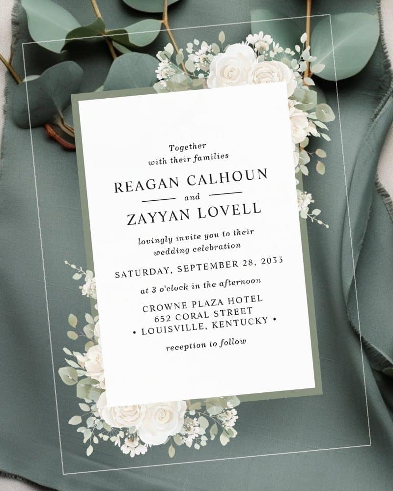 Wedding invitation for Reagan Calhoun and Zayyan Lovell, September 28, 2033, at Crowne Plaza Hotel in Louisville, Kentucky.