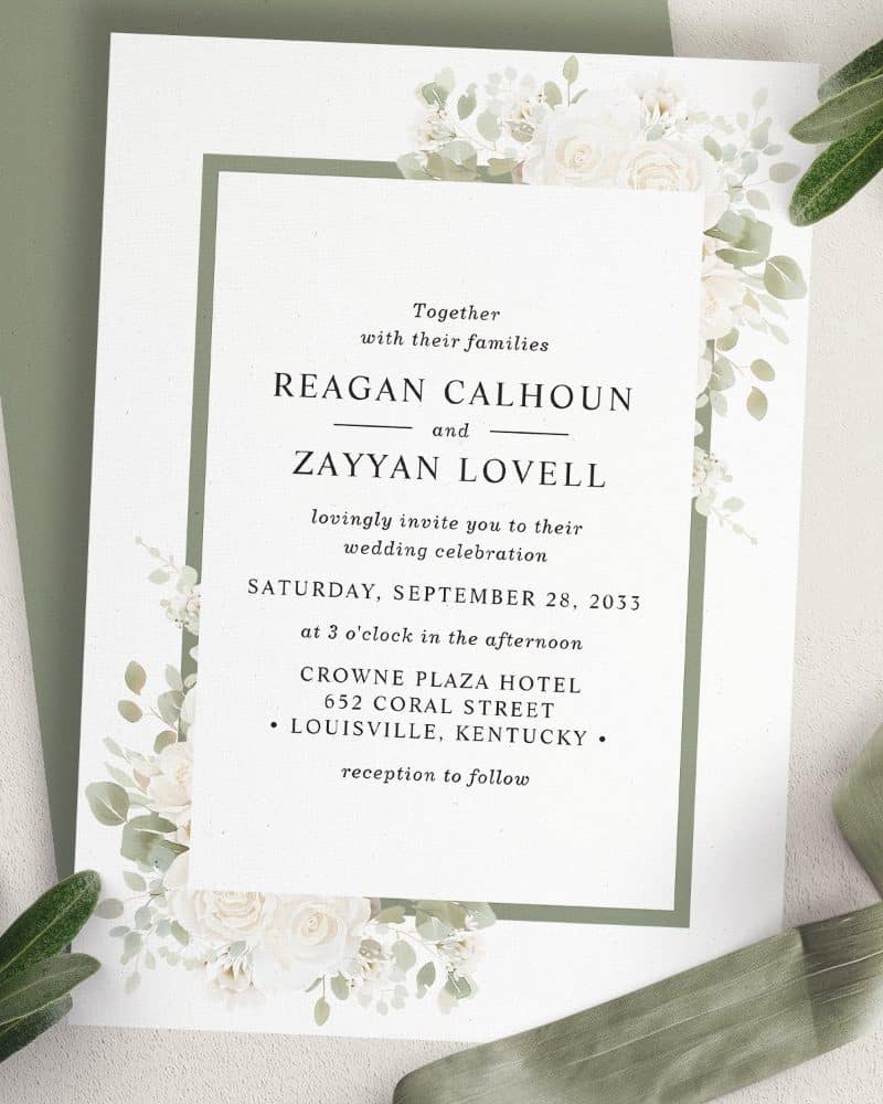 Wedding invitation for Reagan Calhoun and Zayyan Lovell, September 28, 2033, at the Crowne Plaza Hotel in Louisville, Kentucky.
