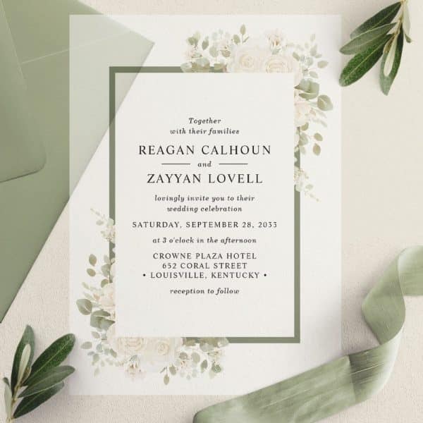 Wedding Invitation For Reagan Calhoun And Zayyan Lovell, September 28, 2033, At The Crowne Plaza Hotel In Louisville, Kentucky.