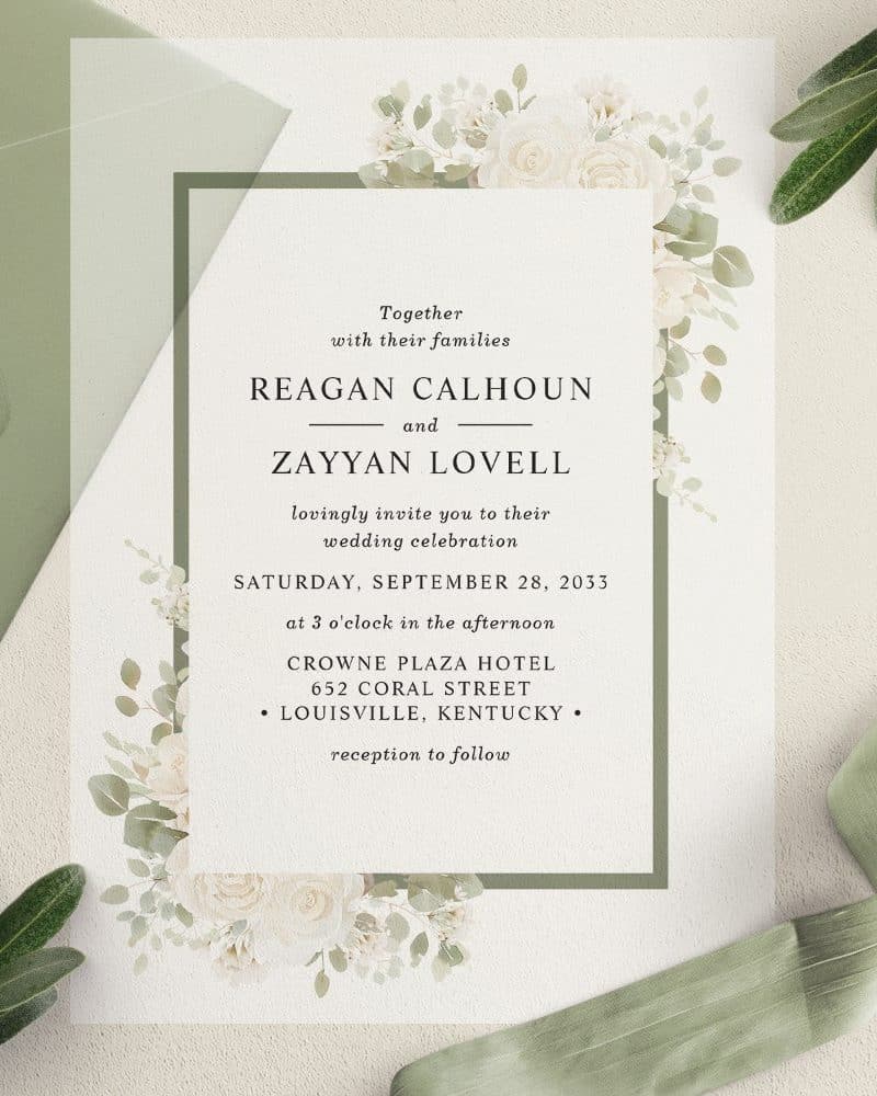 Wedding invitation for Reagan Calhoun and Zayyan Lovell, September 28, 2033, at the Crowne Plaza Hotel in Louisville, Kentucky.