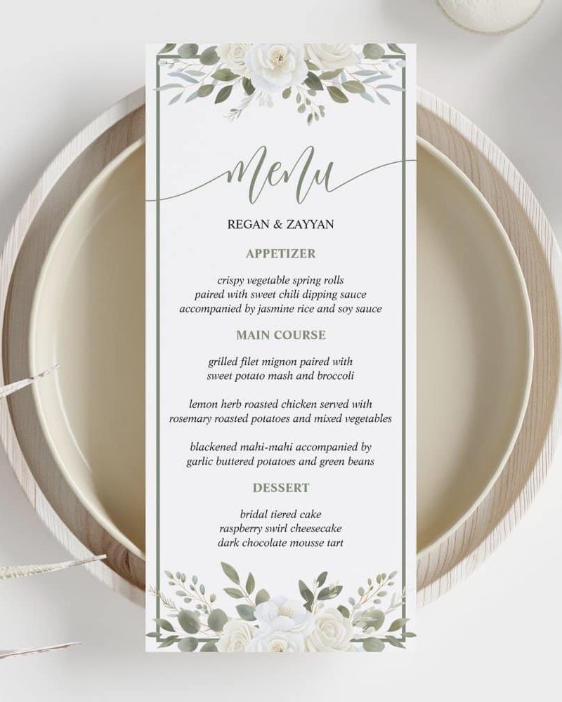 Ivory And Sage Elegant Floral Wedding Menu