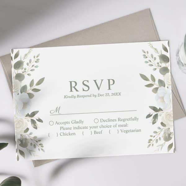 White Floral Rsvp Card With A Response Deadline Of December 22, 20Xx.
