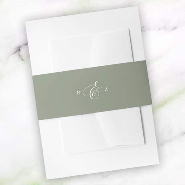 Wedding Invitation With A Sage Green Band Featuring The Initials R &Amp; Z.