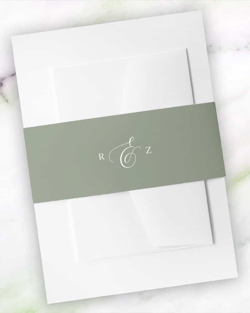 Wedding invitation with a sage green band featuring the initials R & Z.