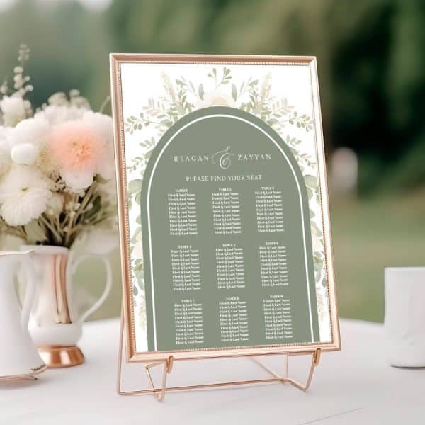 Ivory And Sage Floral Arch Wedding Seating Chart