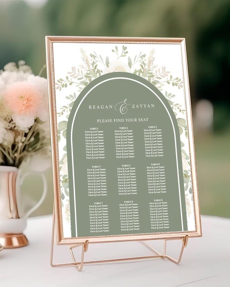 Ivory And Sage Floral Arch Wedding Seating Chart