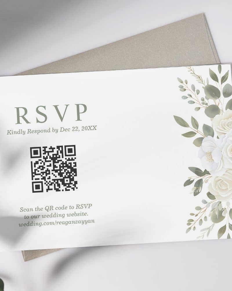 RSVP card with QR code for wedding website.